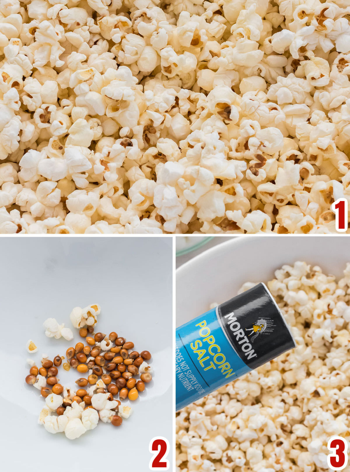 Collage image showing how to make homemade popcorn for the Santa Crunch Popcorn.