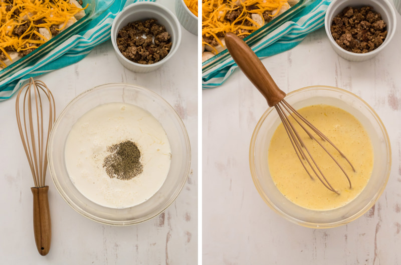 collage image of clear glass bowls showing the egg mixture for the breakfast casserole