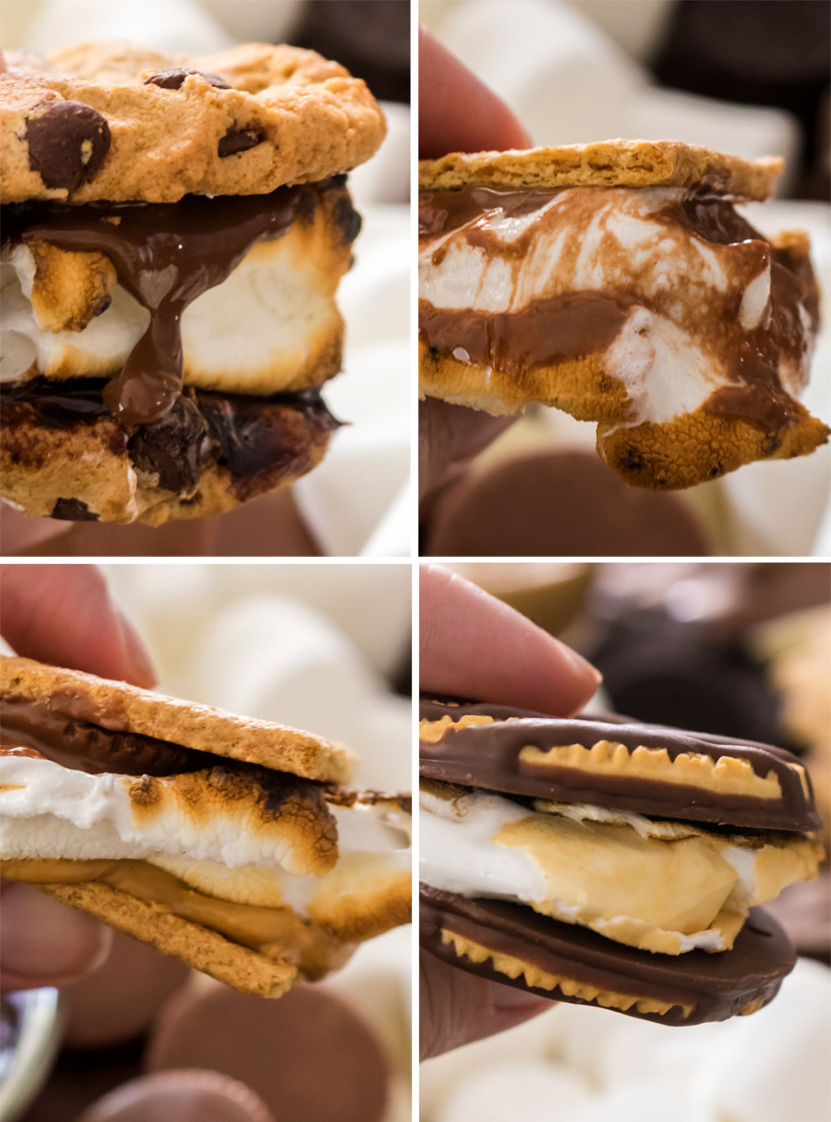 A collage images showing four different kinds of S'mores you can create using ingredients from this S'more Dessert Board.
