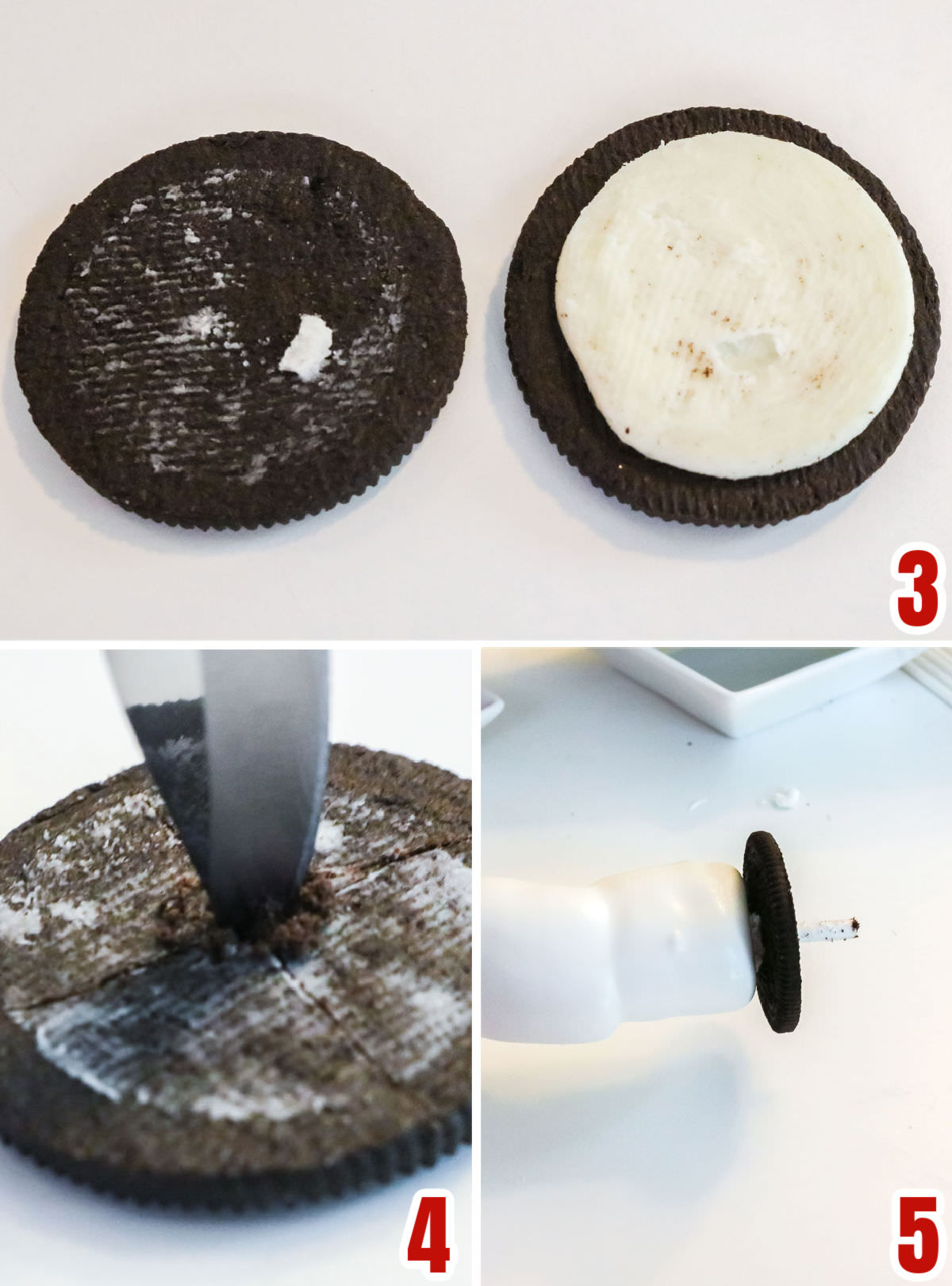 Collage image showing the steps for using an Oreo cookie to make the brim of the Snowman Hat.