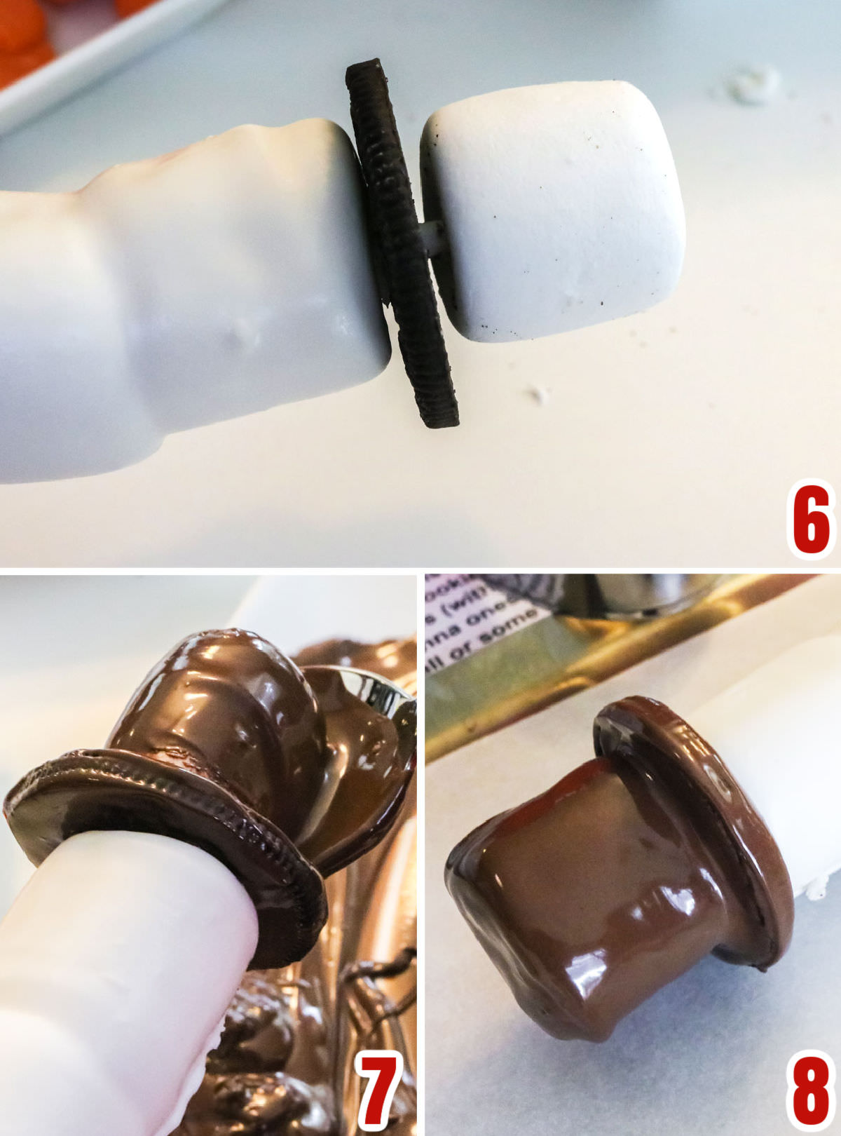 Collage image showing the steps for creating the chocolate Snowman hat.