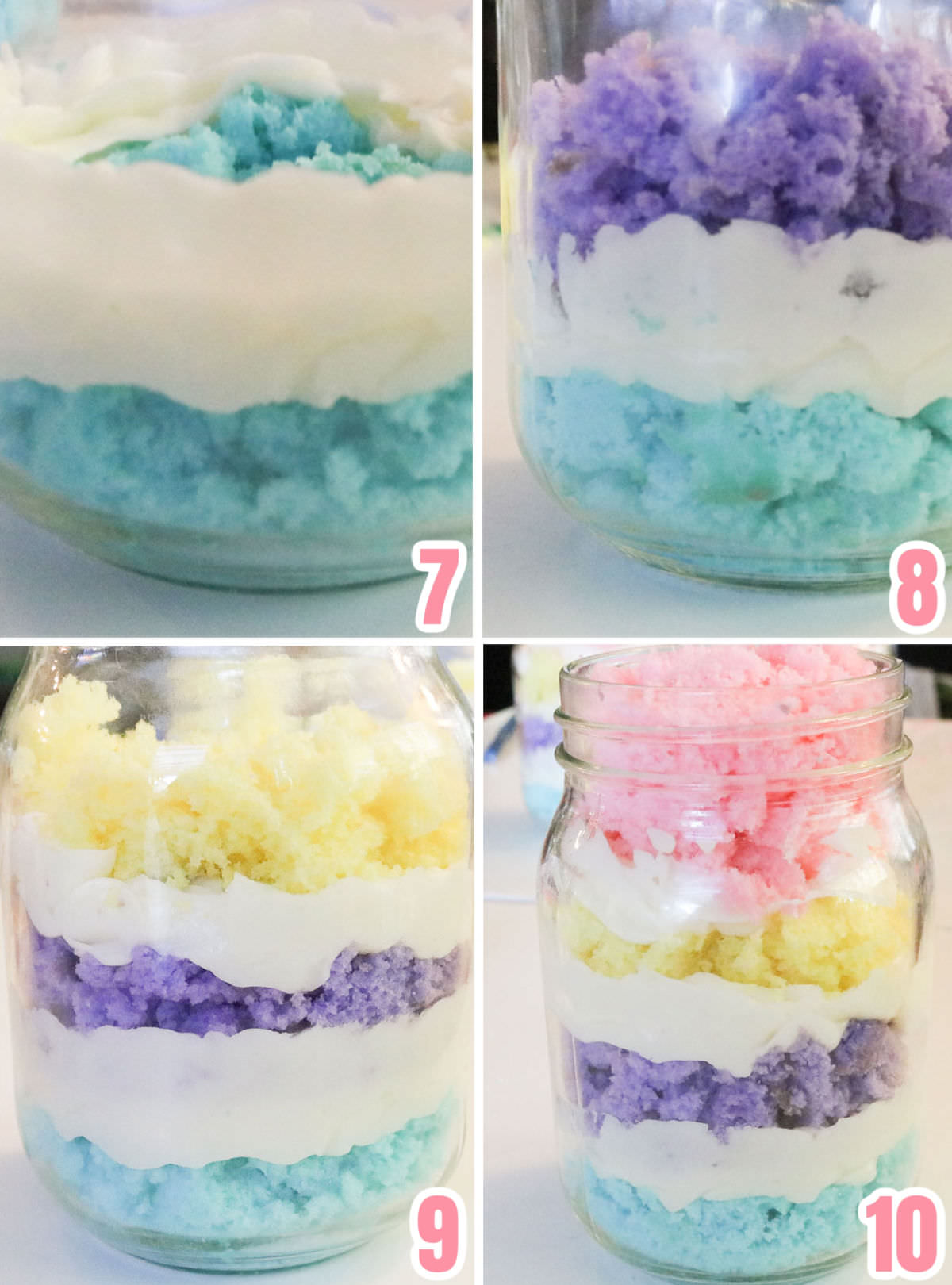 Collage image showing the steps for layering in the cake and frosting into the Cupcake in a Jar.
