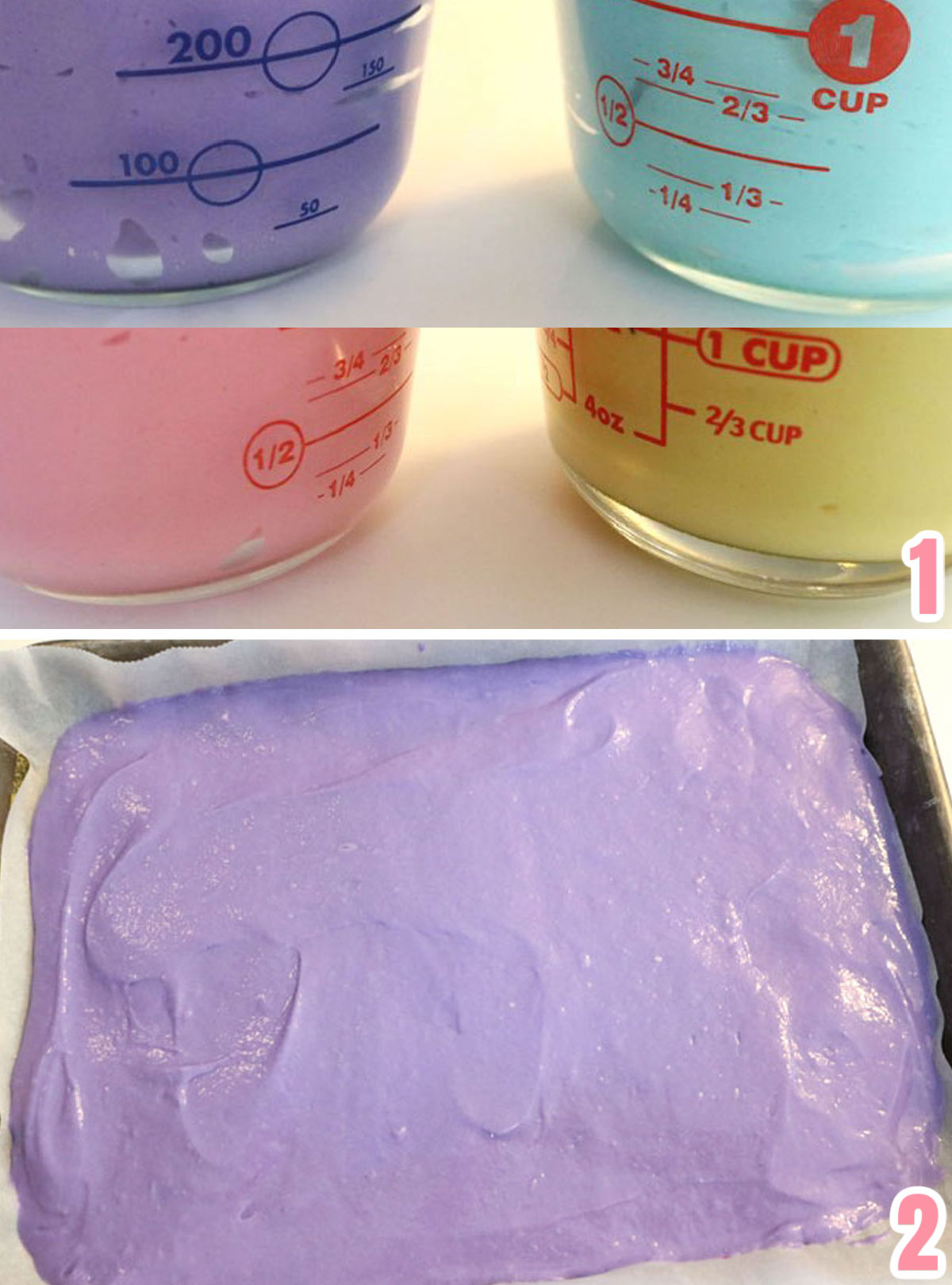 Collage image showing the steps for making the colored mini cakes used in the Cupcake in a jar.