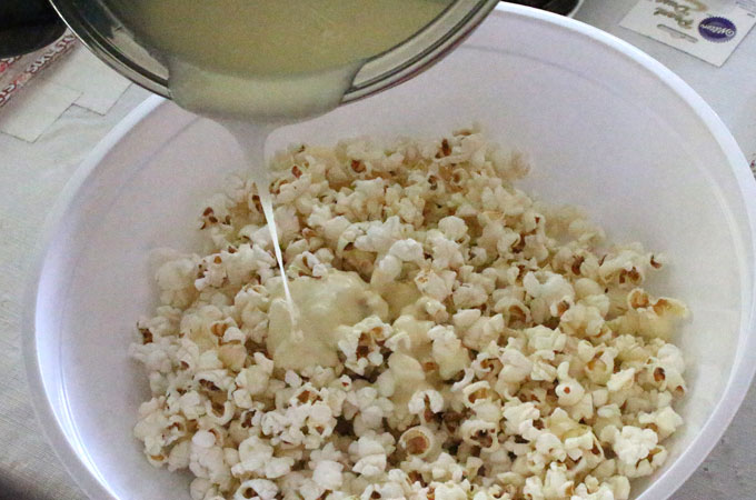 Pour Marshmallow Mixture into the Popcorn