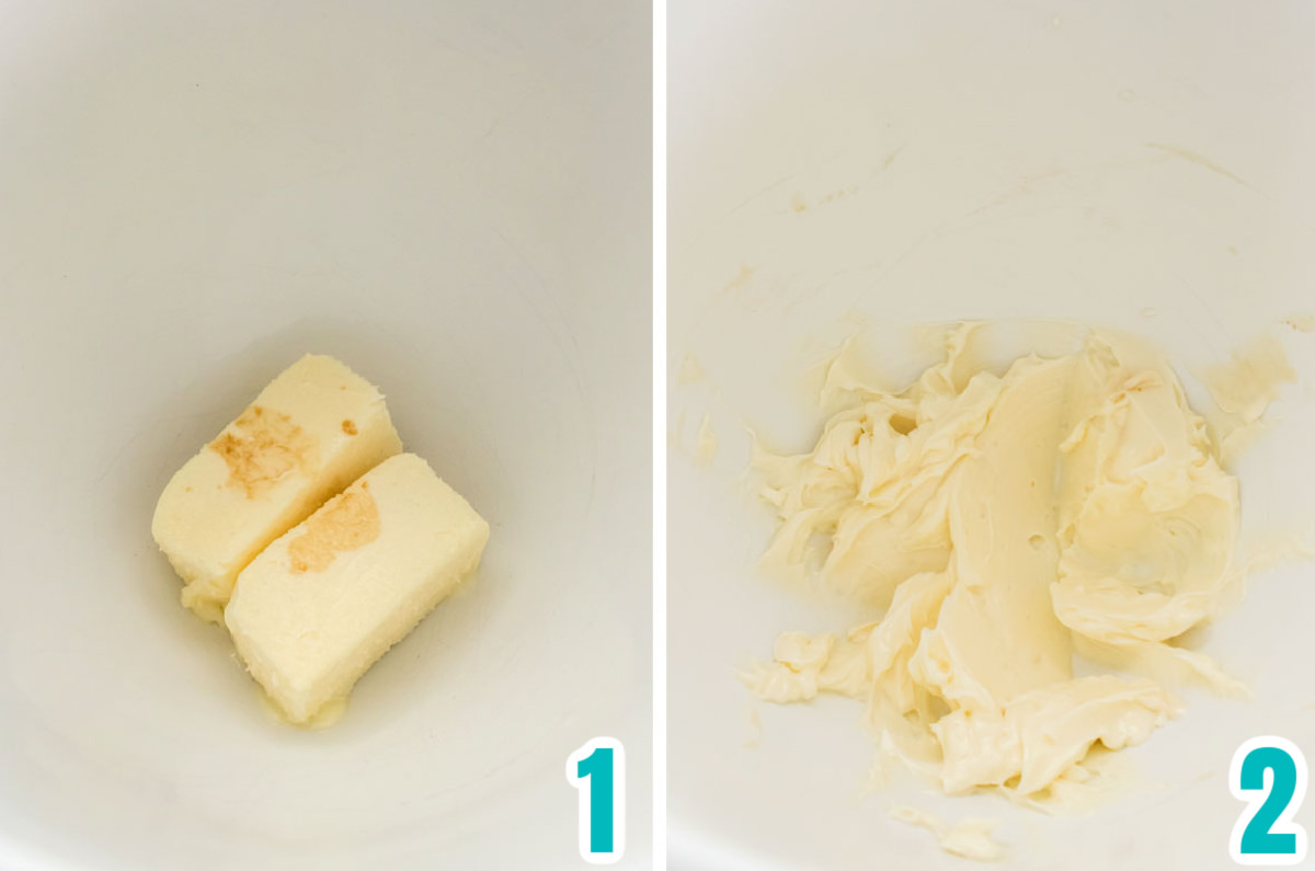 Collage image showing how to cream the butter and the vanilla extra together for the best frosting flavor.