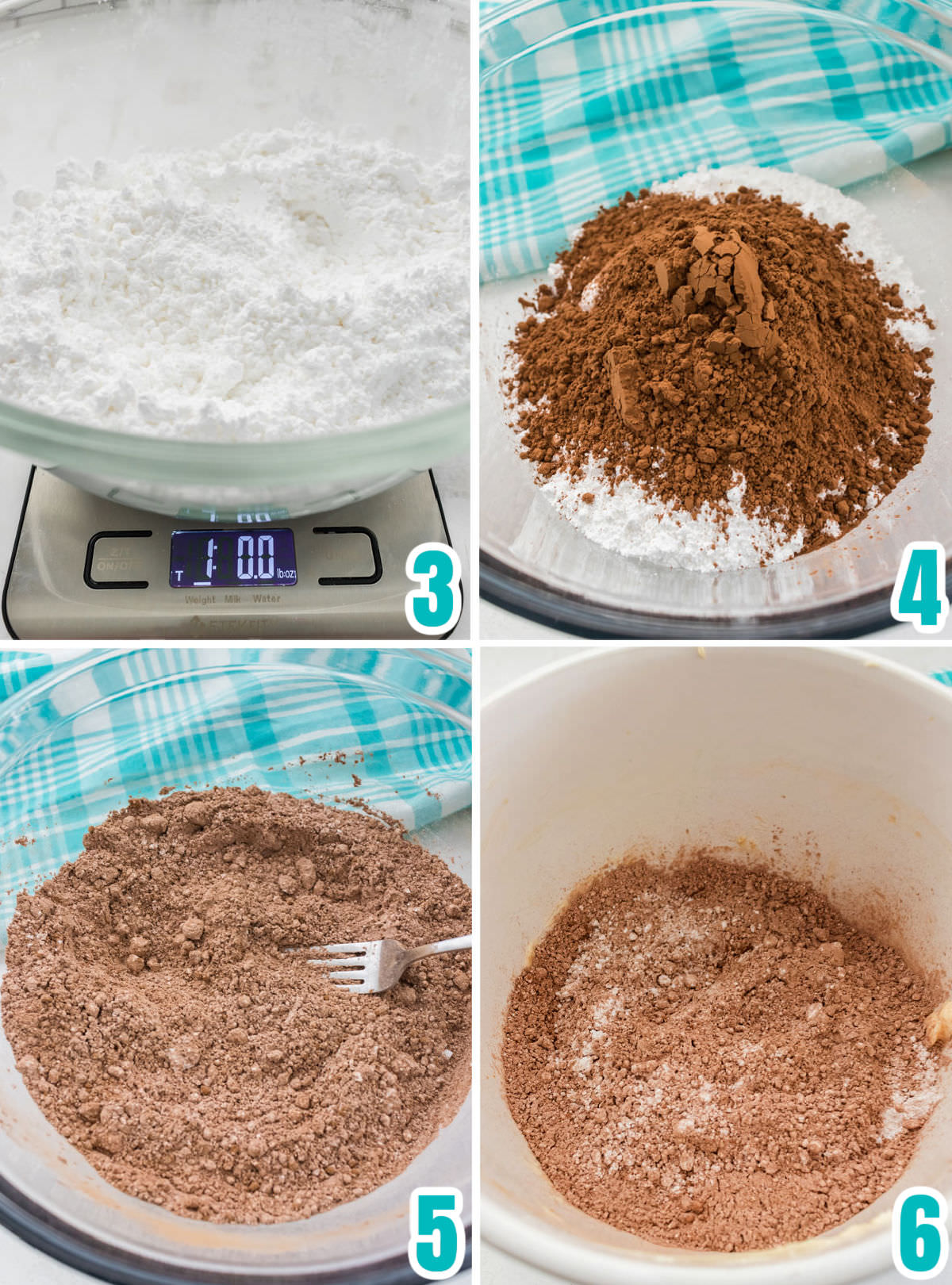 Collage image showing the steps for combining the Powdered Sugar with the Cocoa Powder.