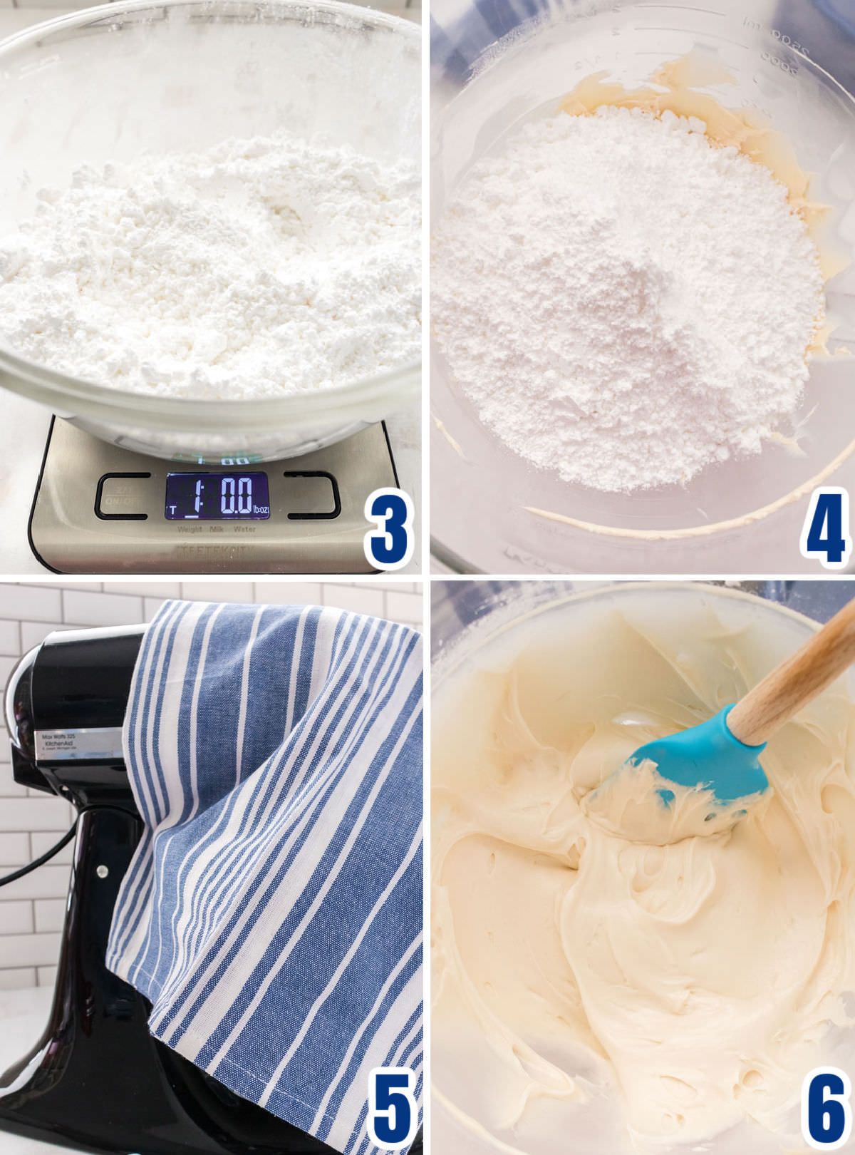 Collage image that shows the steps for mixing the powdered sugar with the Cream Cheese and Butter mixture to make Cream Cheese Buttercream Frosting.