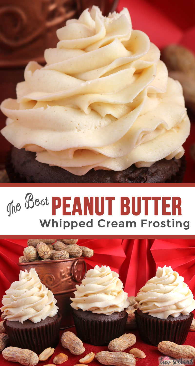 The Best Peanut Butter Whipped Cream Frosting - it tastes like whipped cream but frosts like buttercream and has the perfect amount of rich Peanut Butter flavor. Peanut Butter lovers, this homemade frosting recipe is for you! This whipped cream frosting holds its shape, lasts for days and can be used to frost both cake and cupcakes. Pin this homemade icing for later and follow us for more great Frosting Recipes! #Frosting #FrostingRecipes #PeanutButter #PeanutButterFrosting #WhippedCream