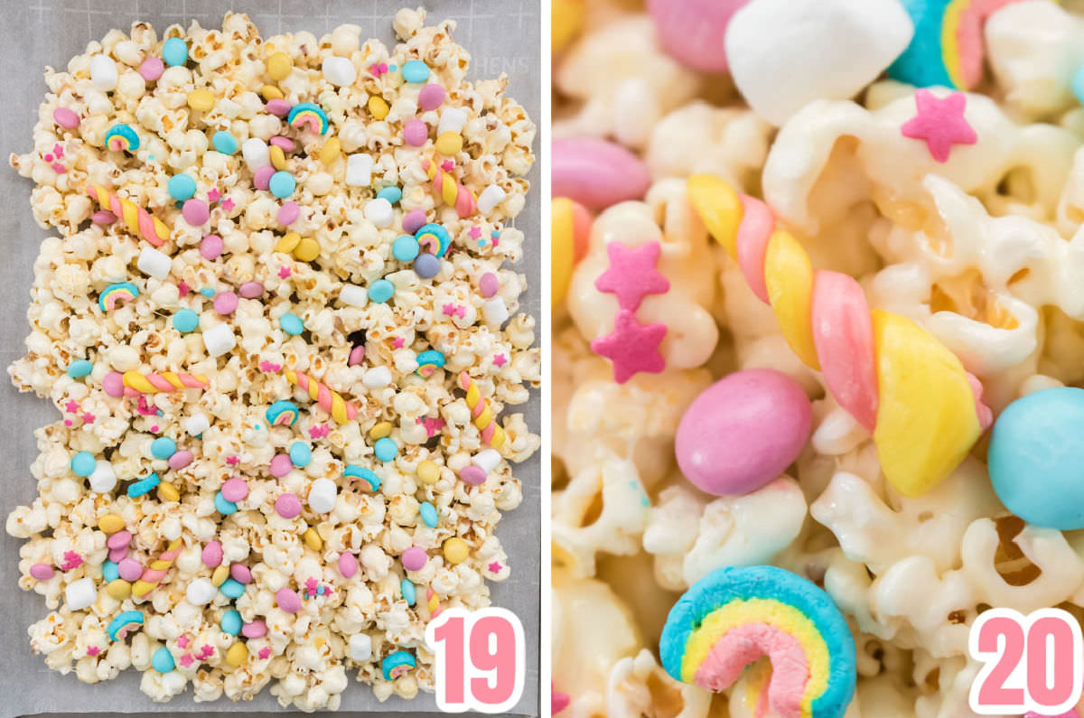 Collage image showing the steps required to add the candy mix-ins to the Unicorn Popcorn.