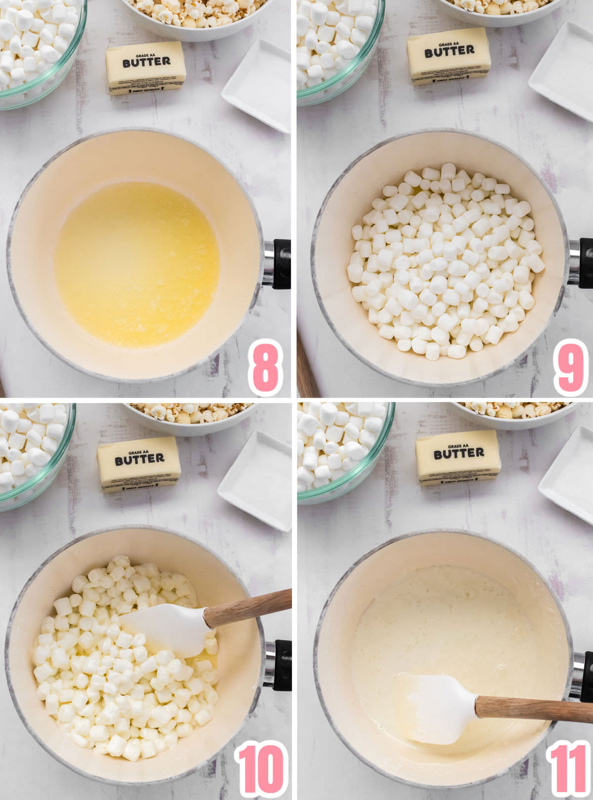 Collage image showing the steps necessary to make the marshmallow mixture for the popcorn.