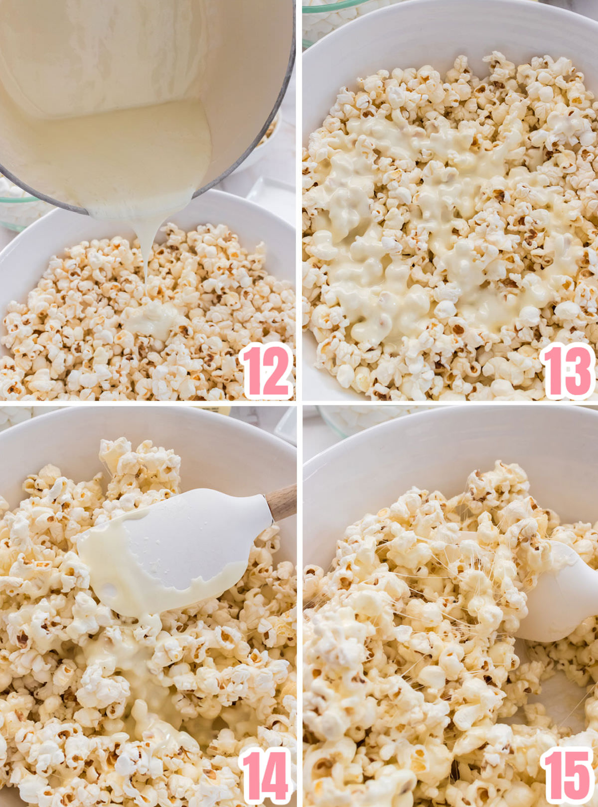Collage image with step by step instructions on how to make the marshmallow popcorn.
