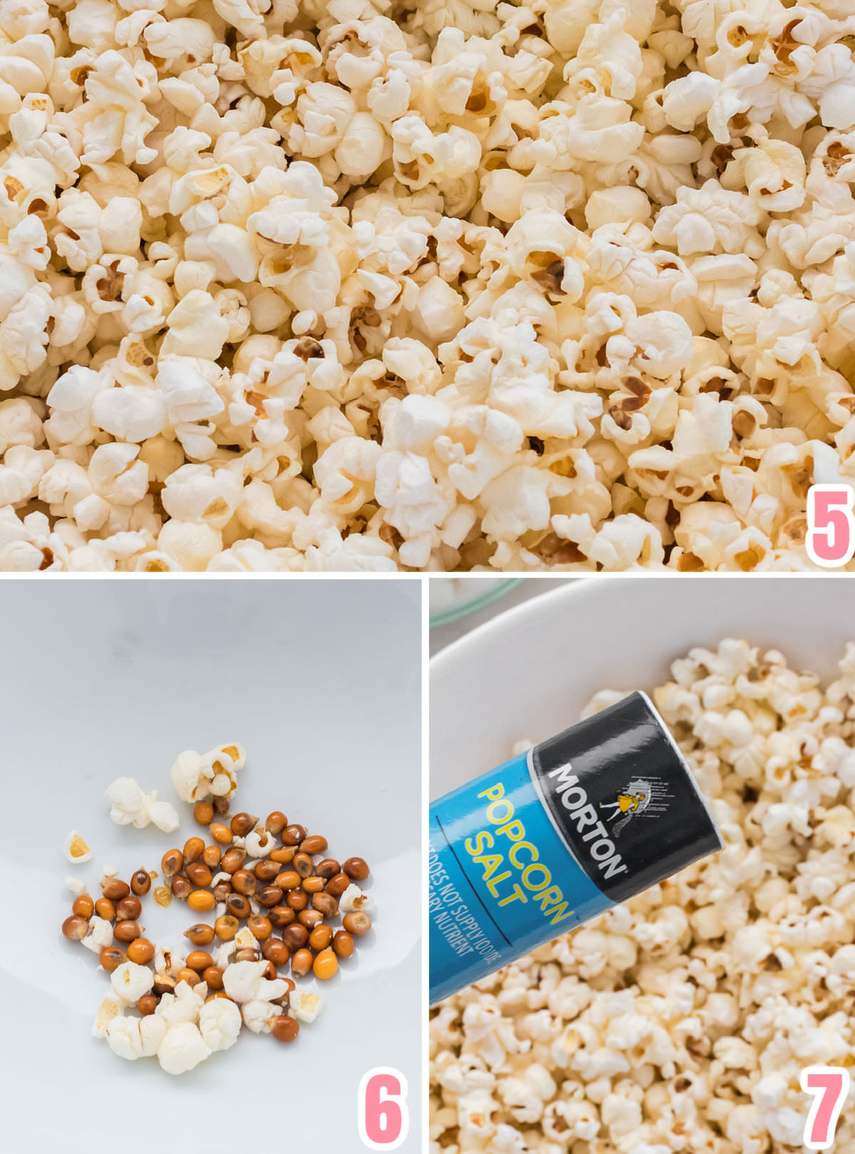 Collage image showing the steps required to make the popcorn.