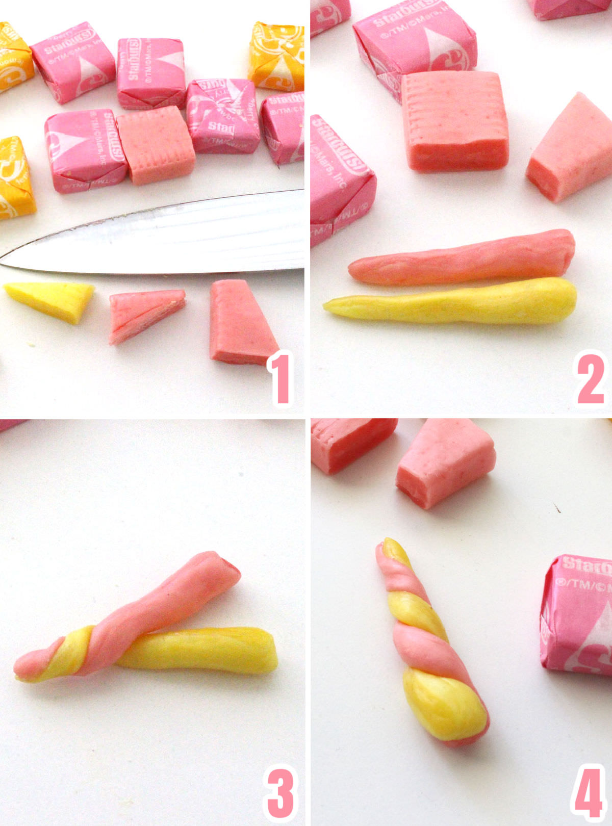 Collage image showing how to make Unicorn Horns out of Starburst Candies.