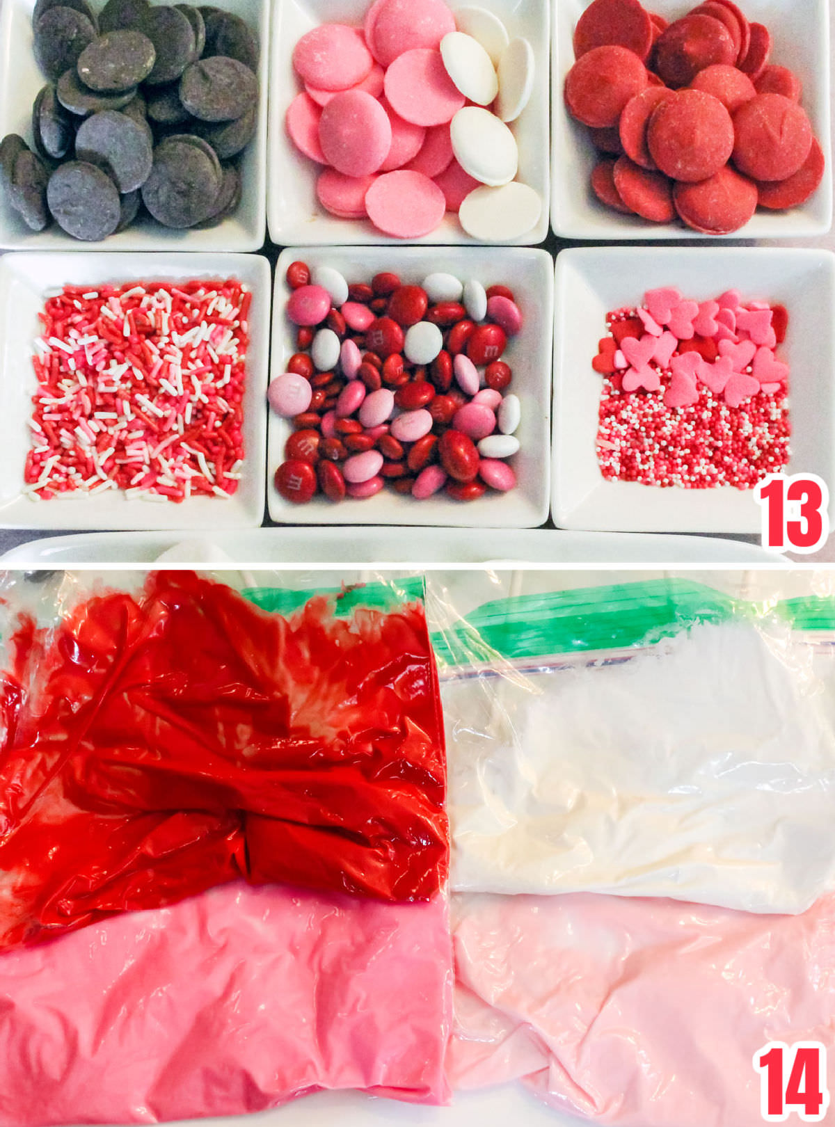 Collage image showing the ingredients you will need to decorate the marshmallow wands including sprinkles, M&M's and candy melts.