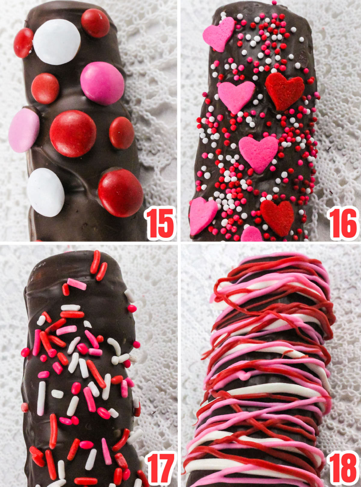 Collage image showing four different decorating ideas for the Valentine's Day Marshmallow Wands.