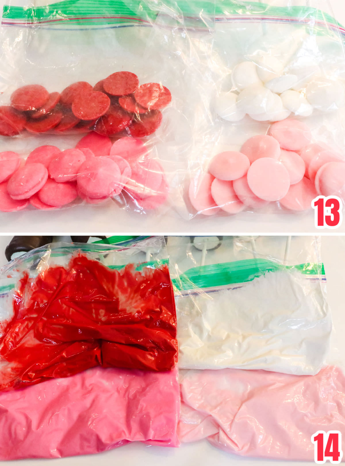 Collage image showing how to melt candy melts in plastic baggies to use for decorating marshmallow pops.