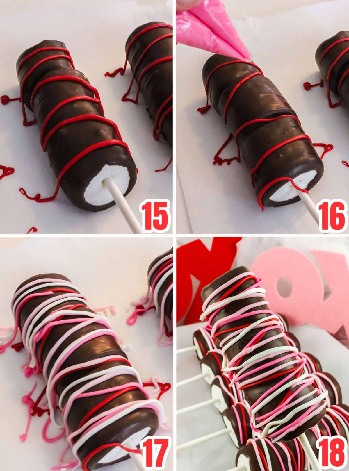 Collage image showing the steps for decorating Valentine's Marshmallow Pops with melted candy.