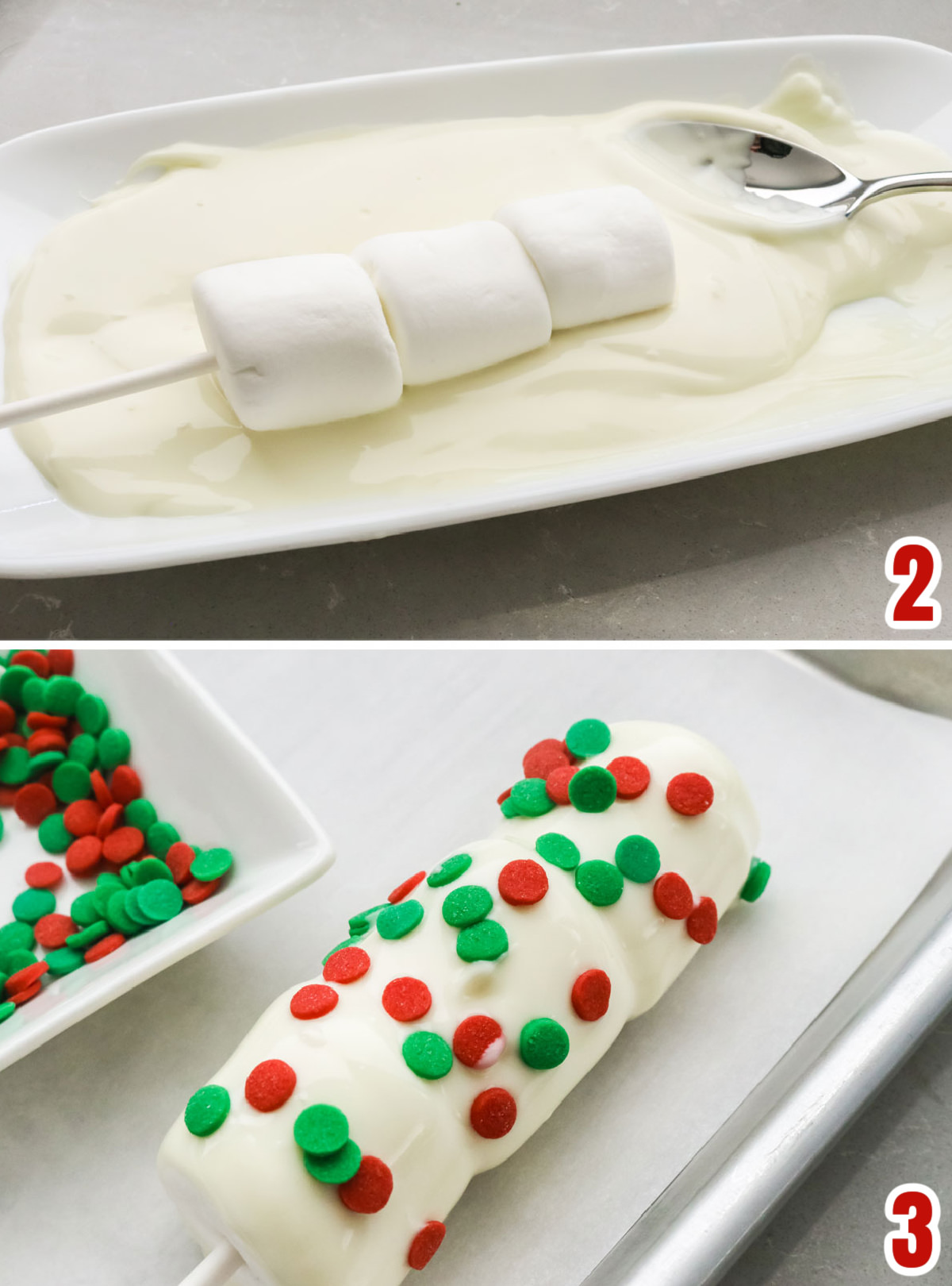 Collage image showing the steps for covering the marshmallow pops with white chocolate and sprinkles.