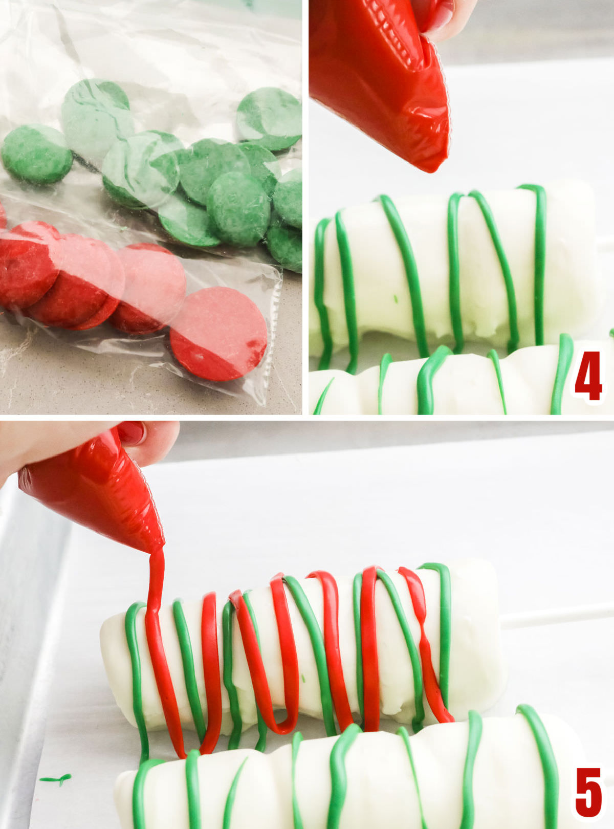 Collage image showing the steps for adding decorative drizzles of candy melts on the marshmallow pops.