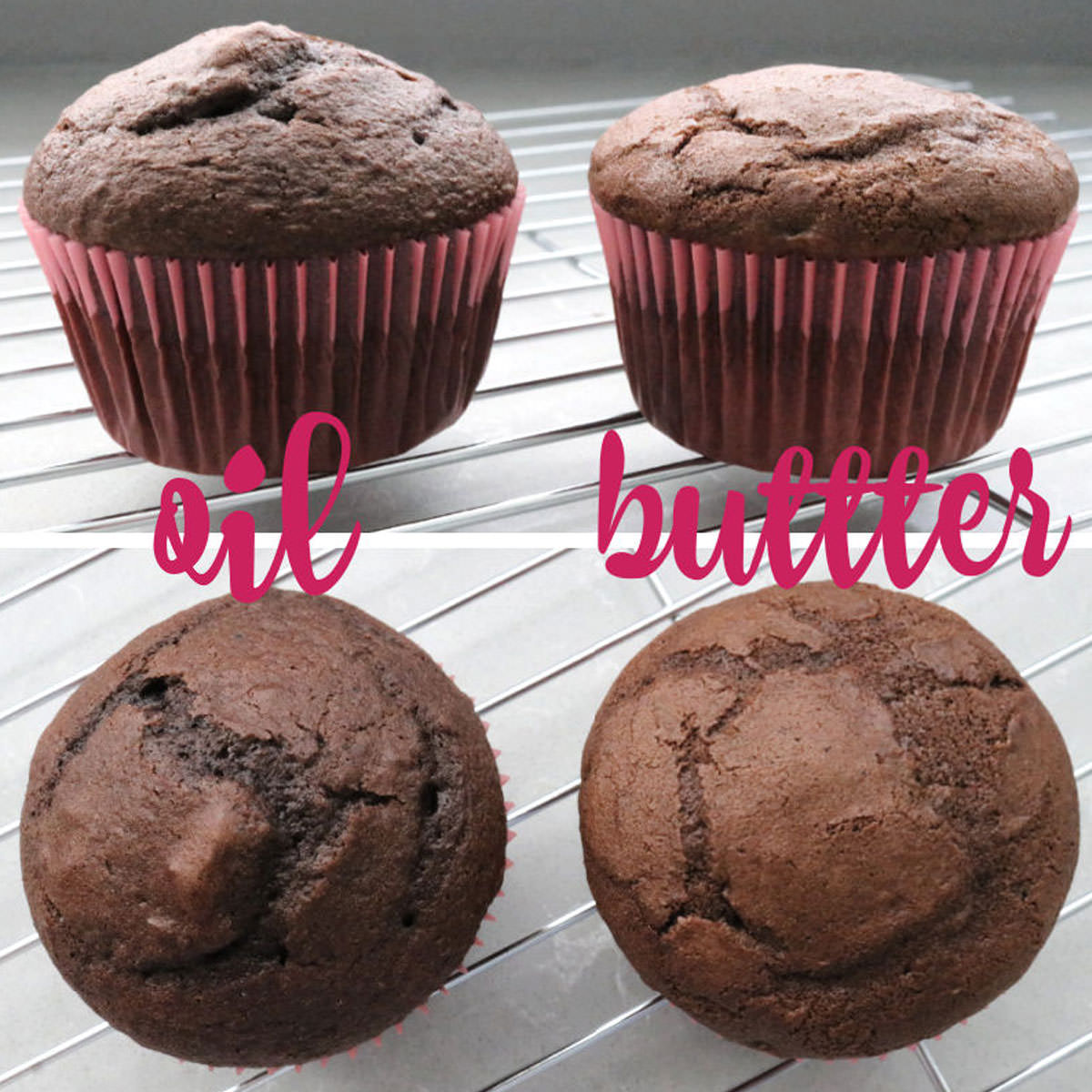 Collage image showing the difference in chocolate cupcake made with oil and with butter.