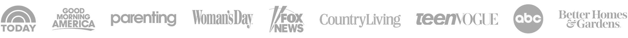 Press Logos: Today, GMA, Parenting, Woman's Day, FOX, Country Living, Teen Vogue, ABC, BH&G